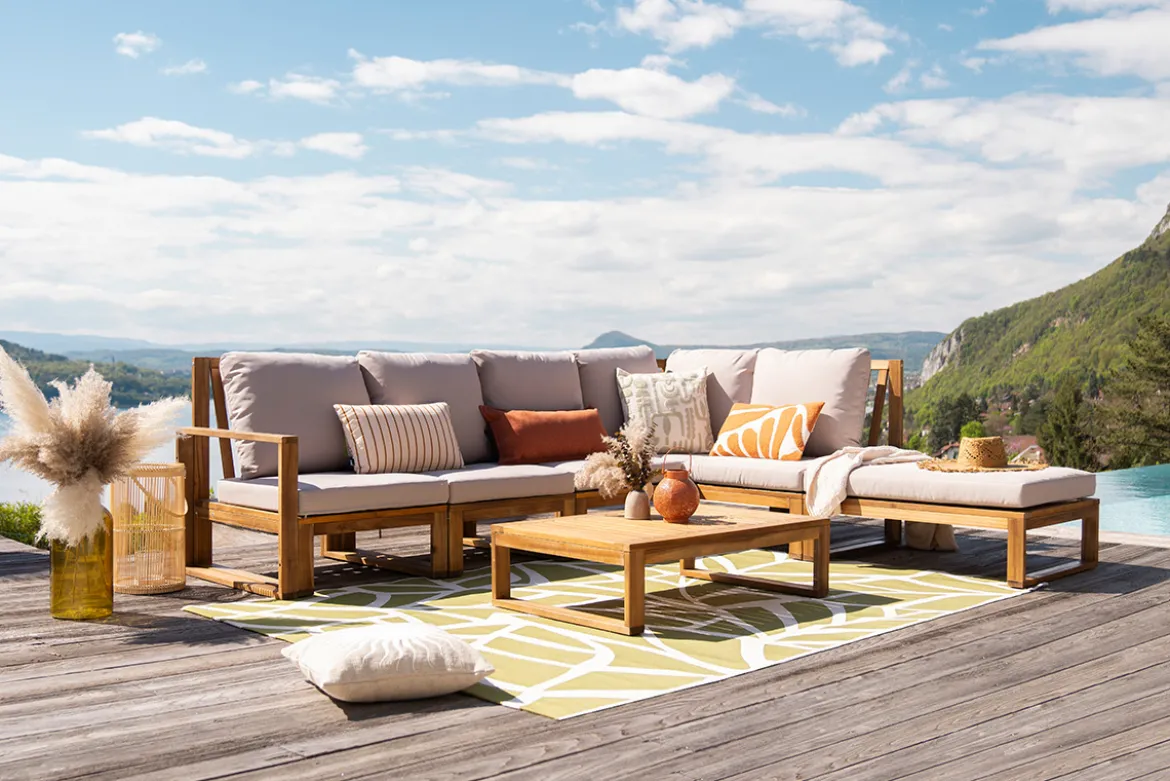 Salon de jardin d'angle 6-8 places en bois massif avec coussins déhoussables taupe SALSA