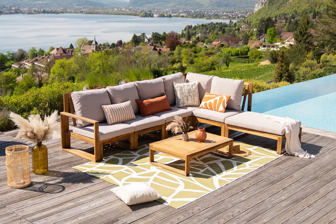 Salon de jardin d'angle 6-8 places en bois massif avec coussins déhoussables taupe SALSA