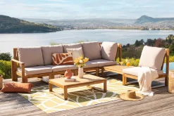 Salon de jardin d'angle 6-8 places en bois massif avec coussins déhoussables taupe SALSA