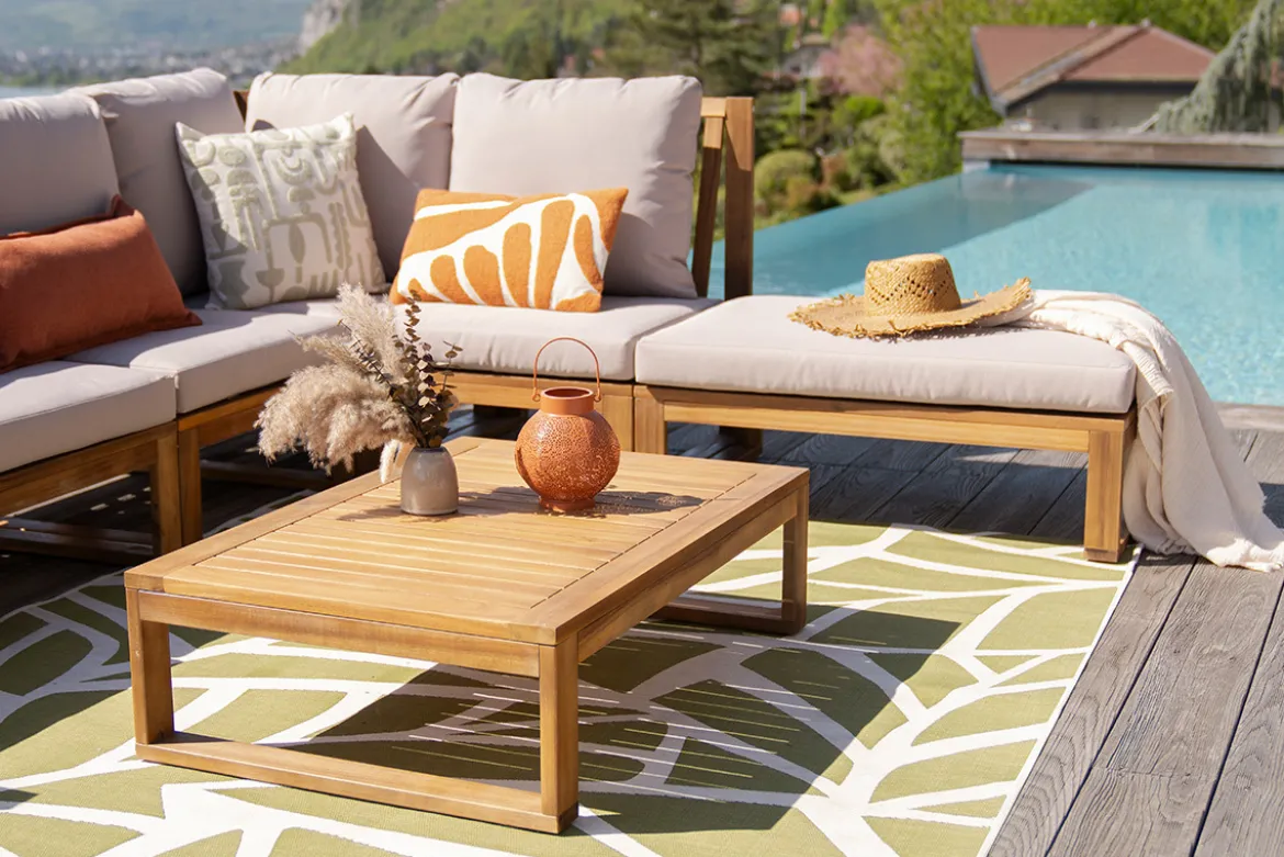 Salon de jardin d'angle 6-8 places en bois massif avec coussins déhoussables taupe SALSA