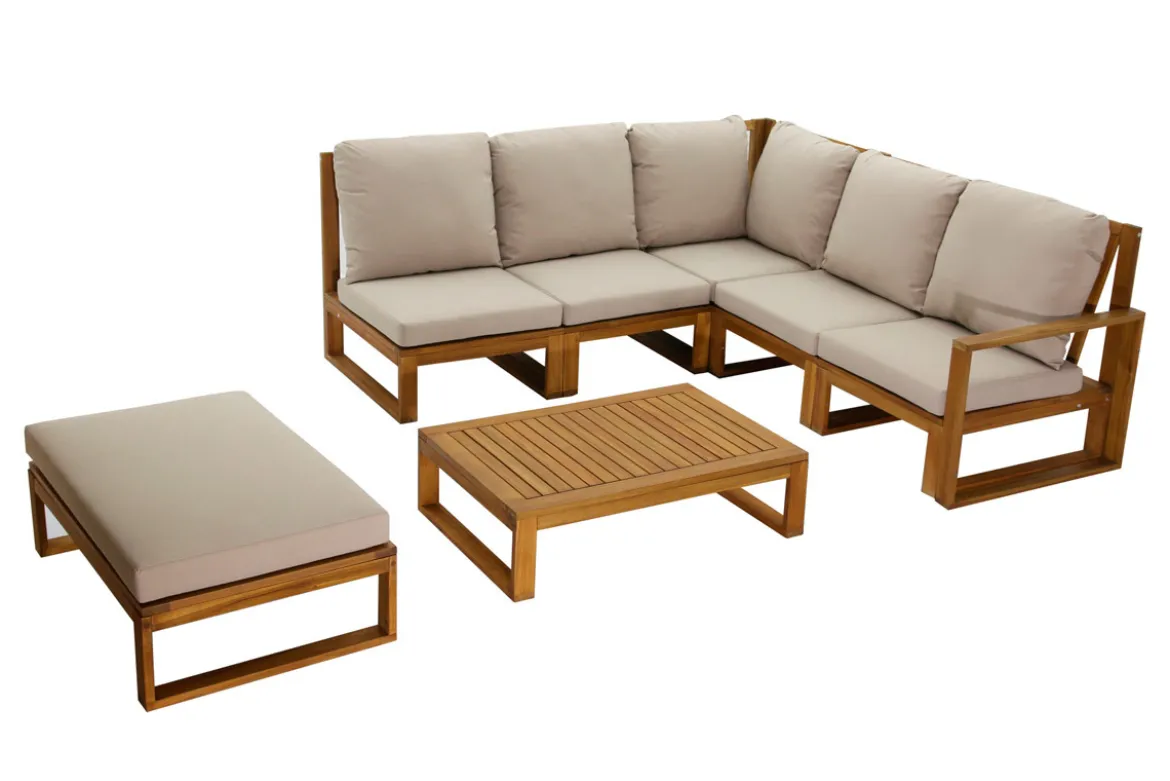 Salon de jardin d'angle 6-8 places en bois massif avec coussins déhoussables taupe SALSA