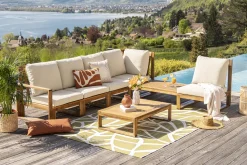 Salon de jardin d'angle 6-8 places en bois massif avec coussins déhoussables beige naturel SALSA