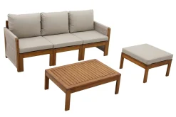 Salon de jardin 3-4 places en bois massif, 2 sets de housse (taupe ou écru) et accoudoirs tressés ALOHA