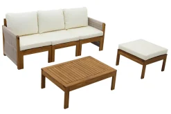 Salon de jardin 3-4 places en bois massif, 2 sets de housse (taupe ou écru) et accoudoirs tressés ALOHA