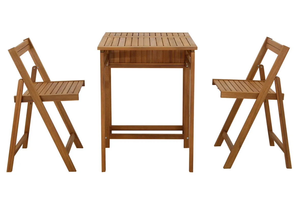Set de 2 chaises pliantes et 1 table de balcon rabattable avec rangement en bois massif PRADO