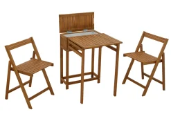 Set de 2 chaises pliantes et 1 table de balcon rabattable avec rangement en bois massif PRADO