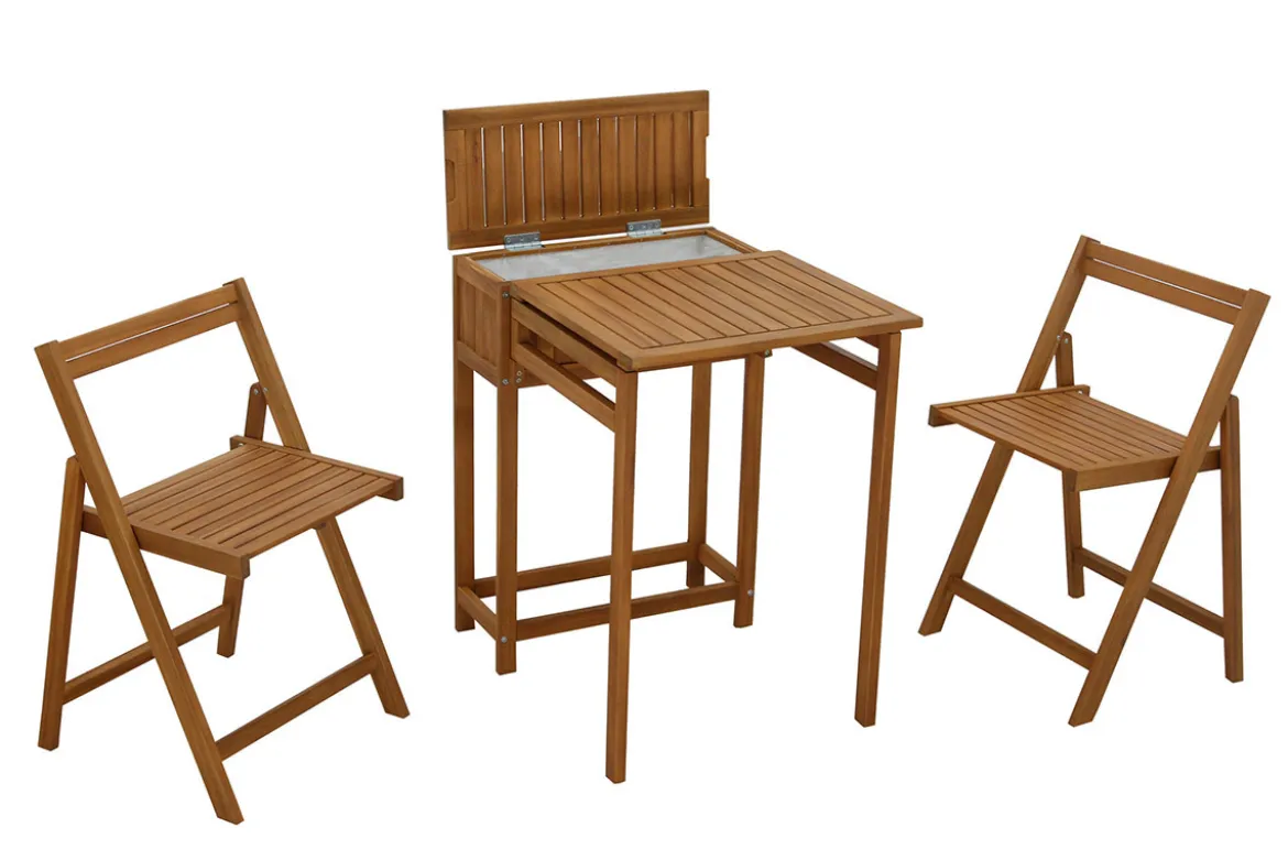 Set de 2 chaises pliantes et 1 table de balcon rabattable avec rangement en bois massif PRADO