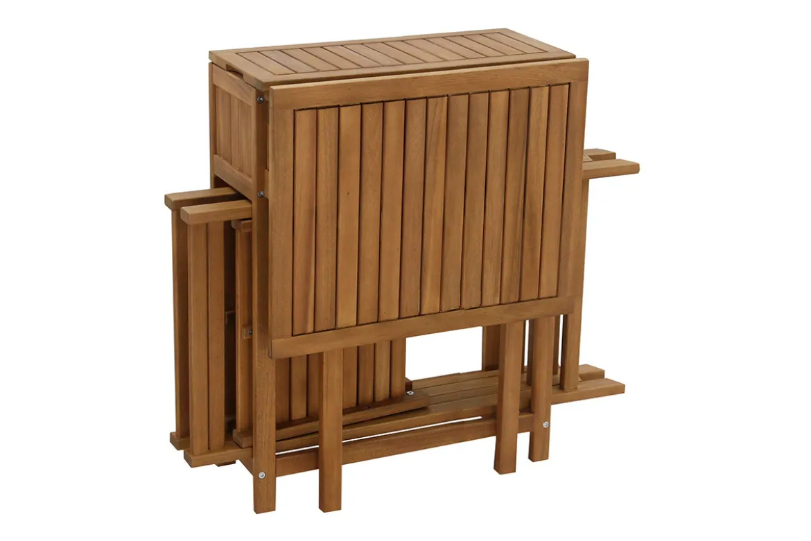 Set de 2 chaises pliantes et 1 table de balcon rabattable avec rangement en bois massif PRADO
