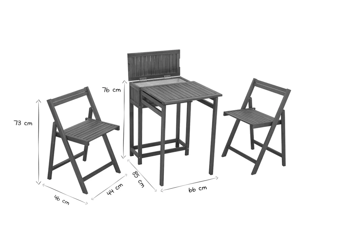 Set de 2 chaises pliantes et 1 table de balcon rabattable avec rangement en bois massif PRADO