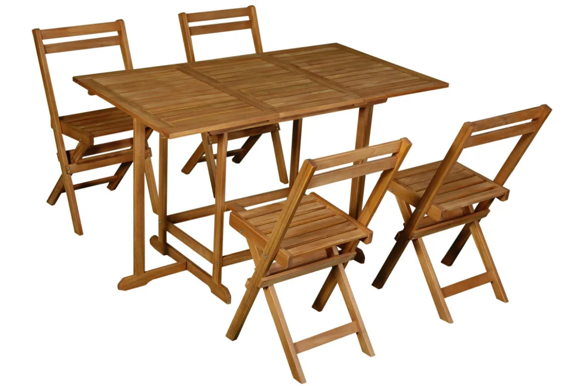 Set d'une table extensible avec rangements et de 4 chaises pliantes en bois massif CARMEN