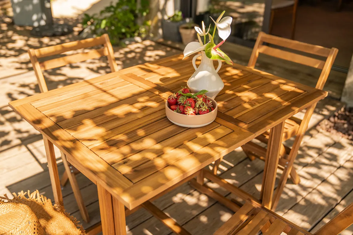 Set d'une table extensible avec rangements et de 4 chaises pliantes en bois massif CARMEN
