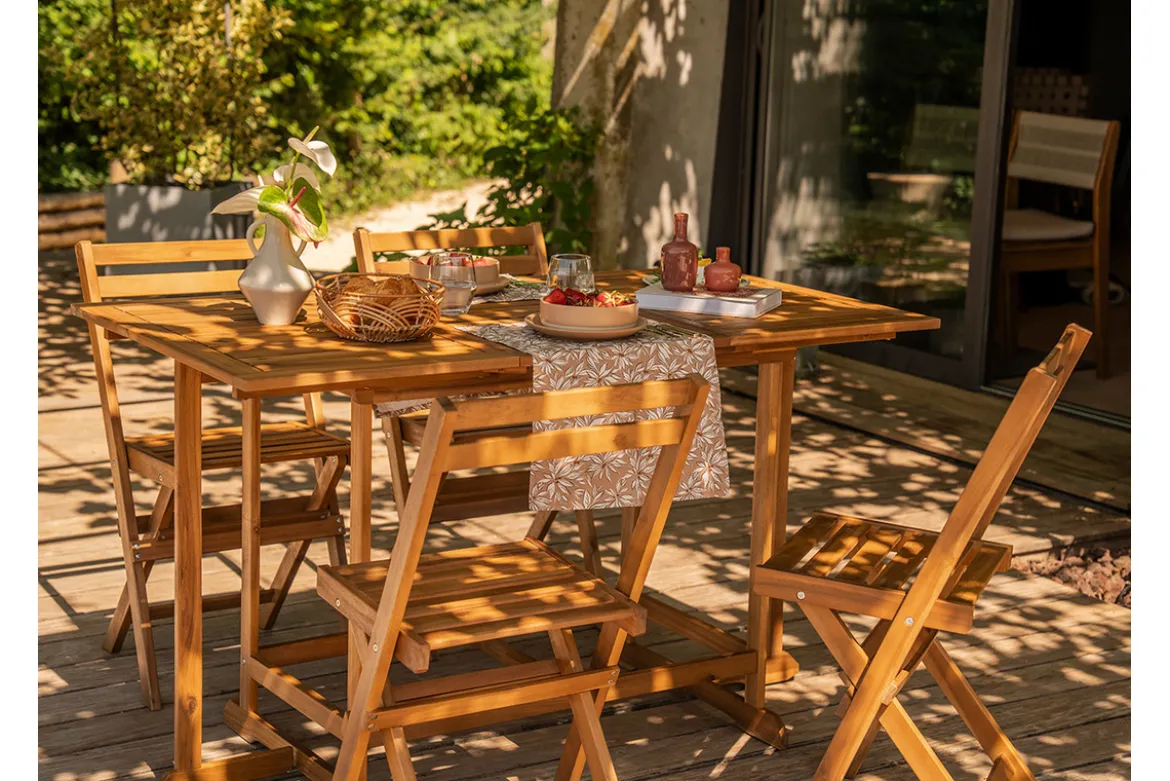Set d'une table extensible avec rangements et de 4 chaises pliantes en bois massif CARMEN