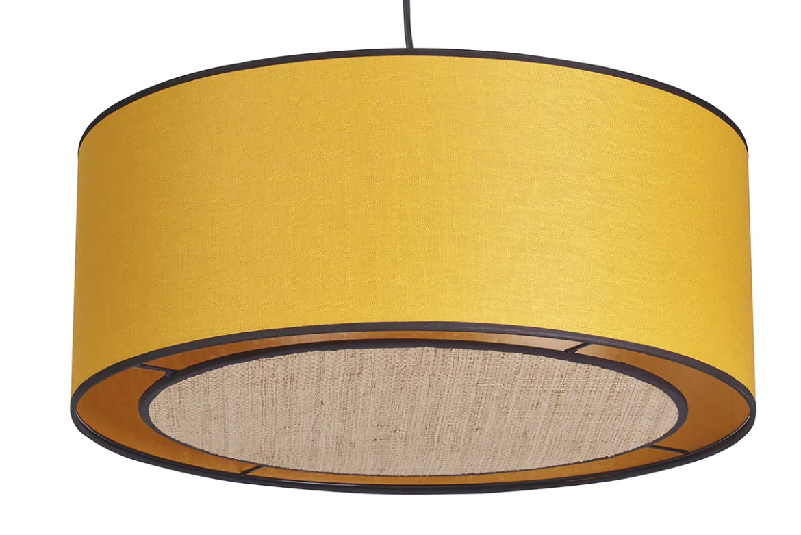Suspension cylindrique en lin jaune moutarde et rabane naturelle D50 cm TRAVES