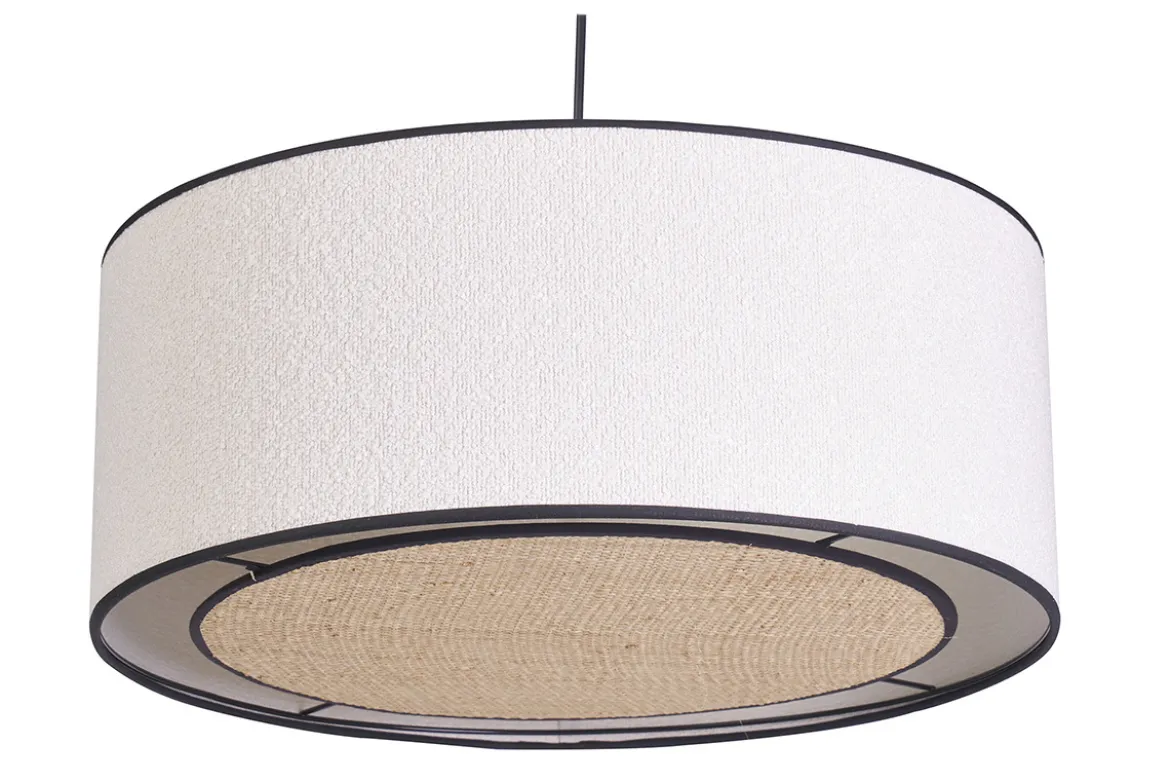 Suspension cylindrique en tissu effet laine bouclée blanc et rabane naturelle D50 cm TRAVES