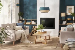 Suspension design bi-matière en lin bleu et rabane naturelle D45 cm SENSA
