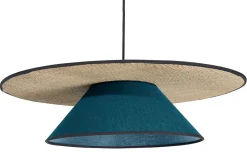 Suspension en lin bleu paon et rabane naturelle D55 cm AZAMI