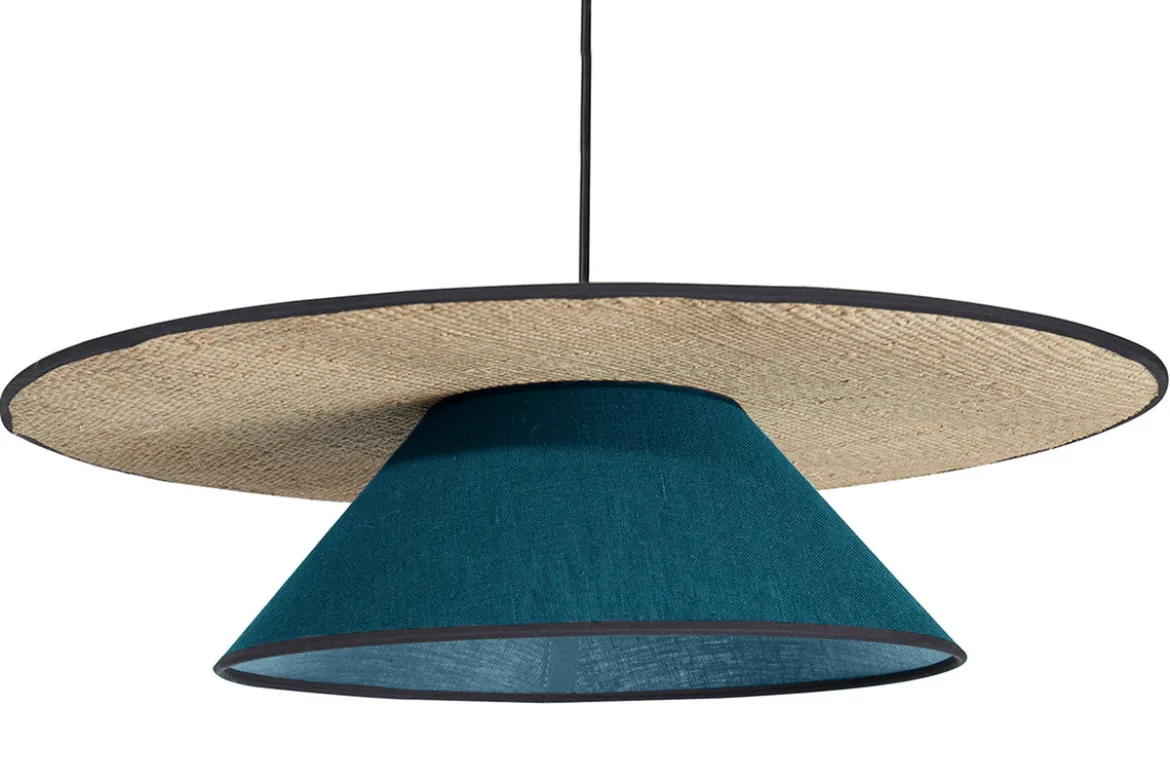 Suspension en lin bleu paon et rabane naturelle D55 cm AZAMI
