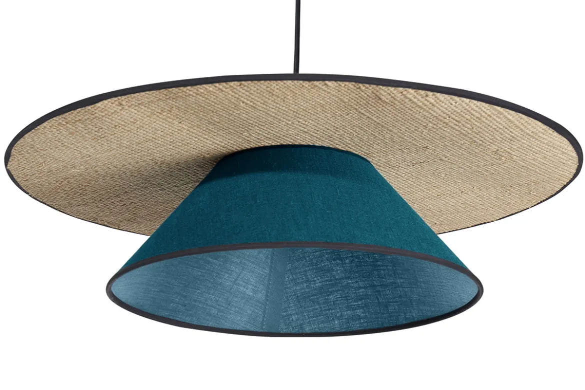 Suspension en lin bleu paon et rabane naturelle D55 cm AZAMI