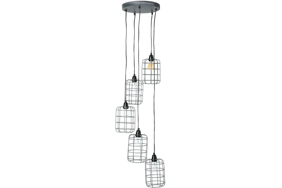 Suspension industrielle 5 lampes étagées en métal patiné effet vieilli L30 cm LOFT