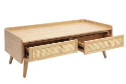Table basse avec rangements en bois clair frêne et cannage rotin L120 cm ELSY