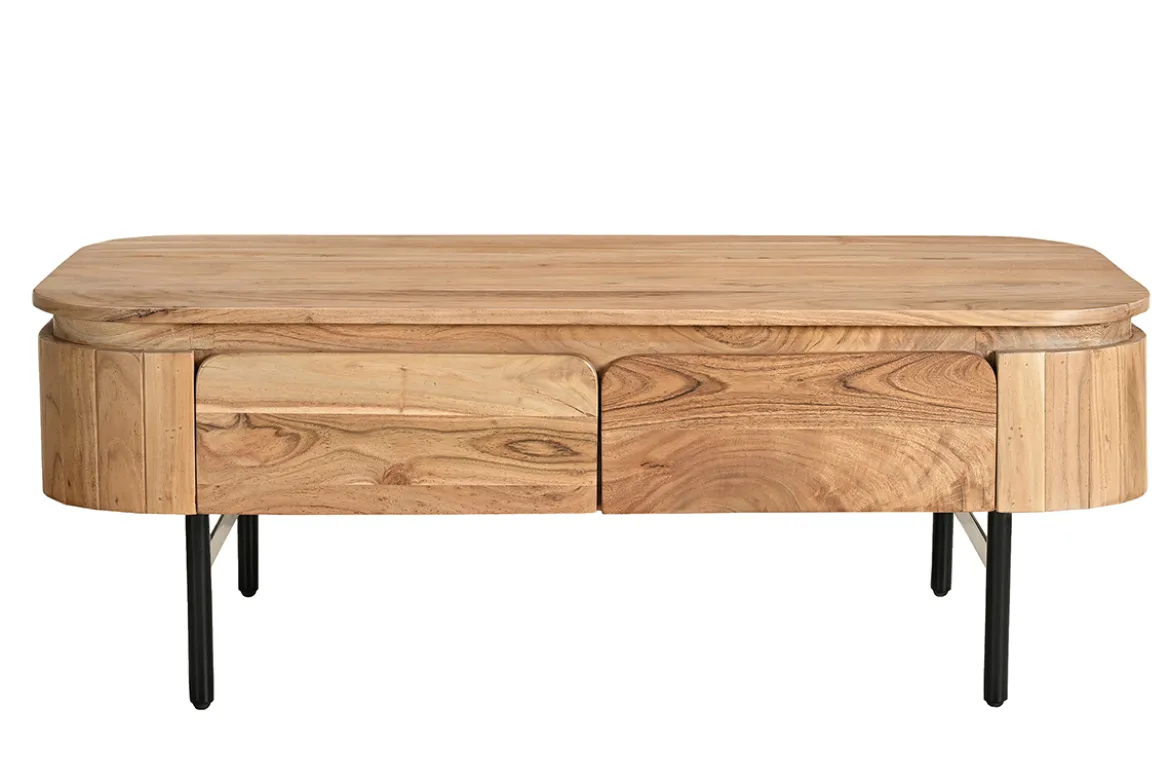 Table basse avec rangements en bois massif et métal noir 4 tiroirs L115 cm NAPOLI