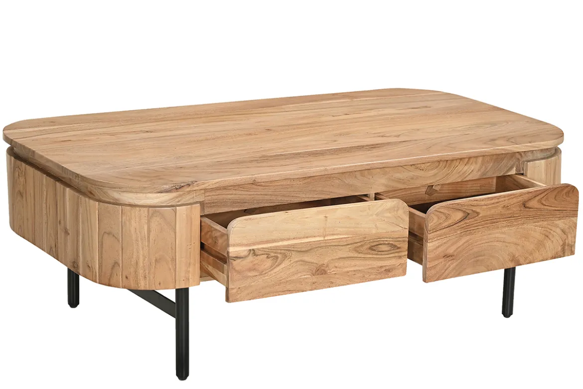 Table basse avec rangements en bois massif et métal noir 4 tiroirs L115 cm NAPOLI