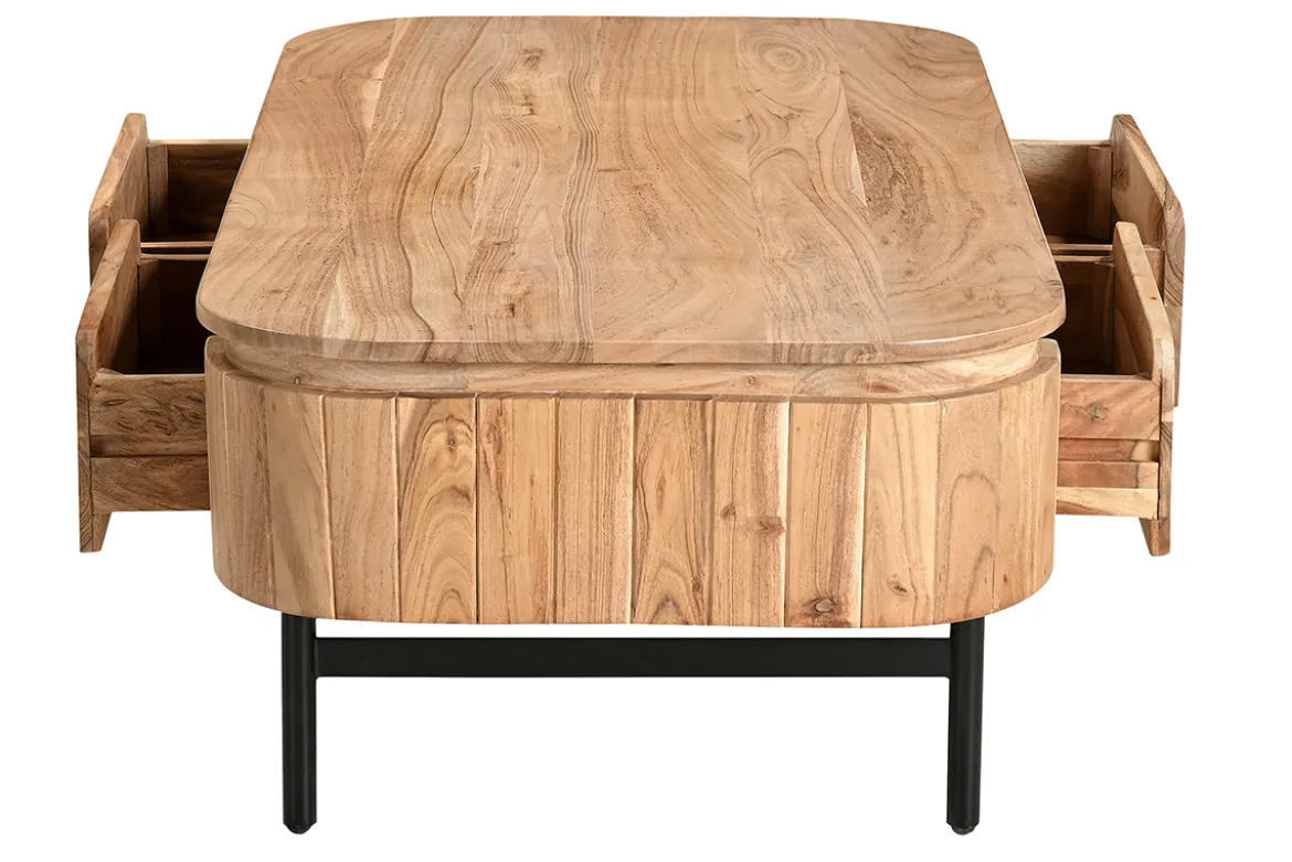 Table basse avec rangements en bois massif et métal noir 4 tiroirs L115 cm NAPOLI