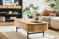 Table basse avec rangements en bois massif et métal noir 4 tiroirs L115 cm NAPOLI