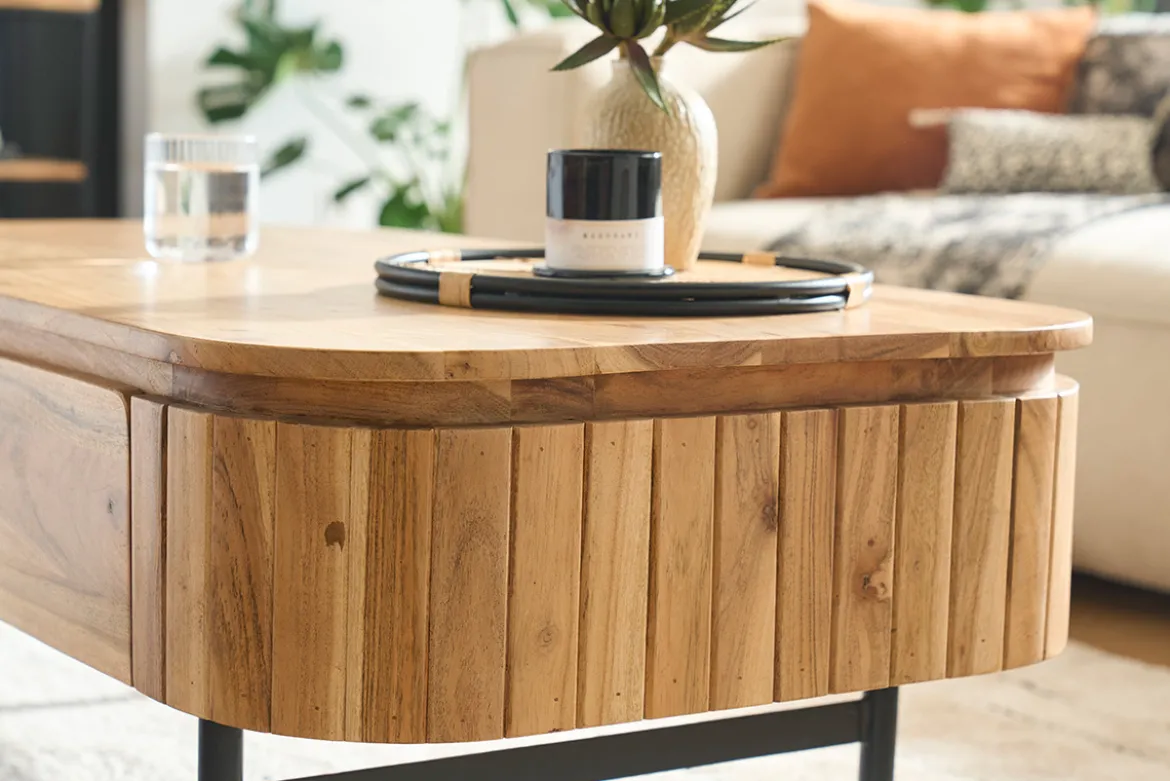 Table basse avec rangements en bois massif et métal noir 4 tiroirs L115 cm NAPOLI