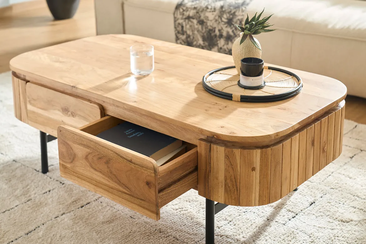 Table basse avec rangements en bois massif et métal noir 4 tiroirs L115 cm NAPOLI