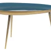 Table basse design en acier laqué bleu canard et doré L80 cm DROP