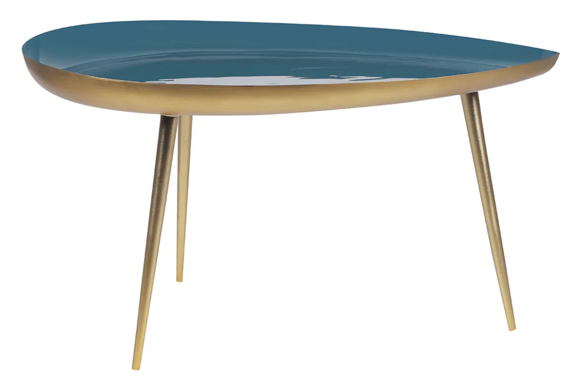Table basse design en acier laqué bleu canard et doré L80 cm DROP