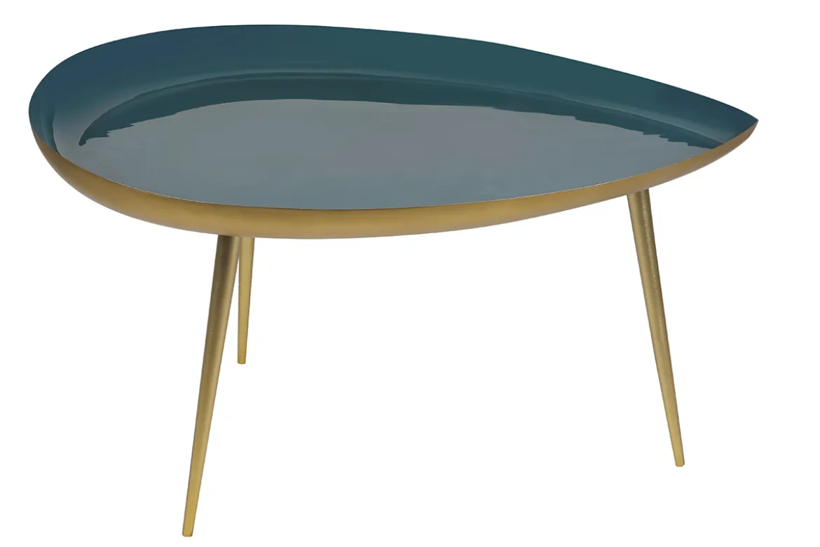 Table basse design en acier laqué bleu canard et doré L80 cm DROP