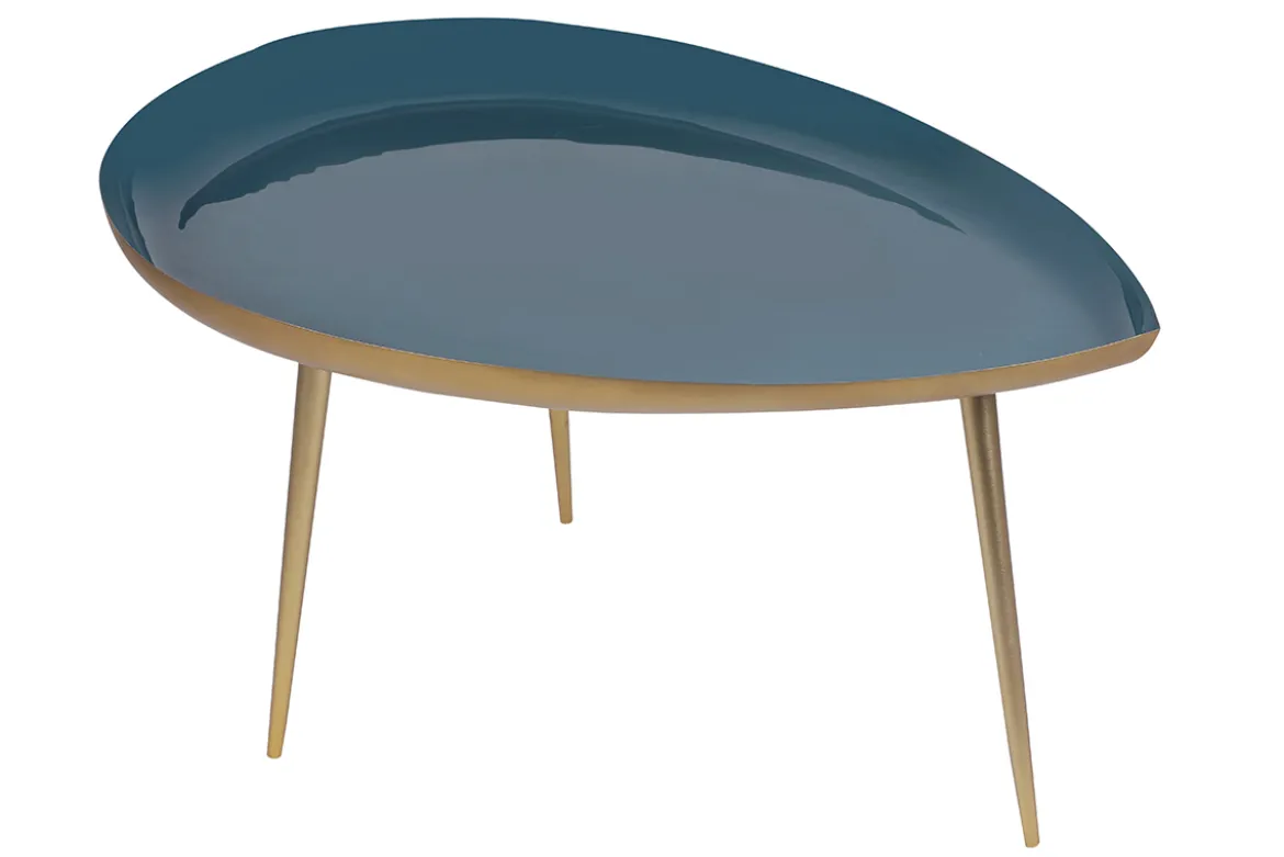 Table basse design en acier laqué bleu canard et doré L80 cm DROP