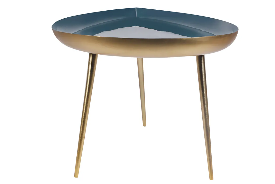 Table basse design en acier laqué bleu canard et doré L80 cm DROP