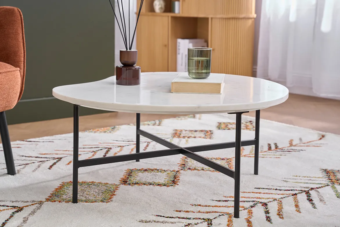 Table basse design en marbre blanc et métal noir L80 cm SASSO