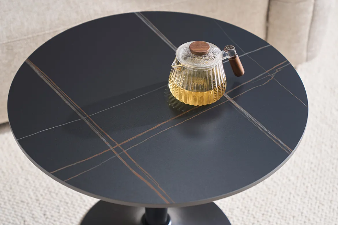 Table basse design ronde en céramique noire et métal D60 cm MALOU