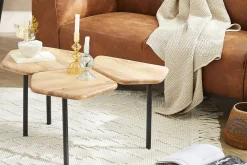 Table basse 3 plateaux bois massif et métal noir L95 cm SUZANE
