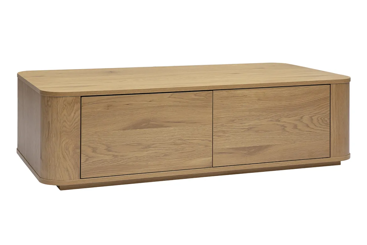 Table basse rectangulaire avec rangement 2 tiroirs finition bois clair chêne L120 cm NEGAN