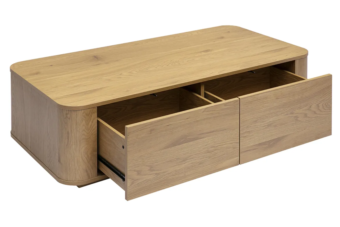 Table basse rectangulaire avec rangement 2 tiroirs finition bois clair chêne L120 cm NEGAN