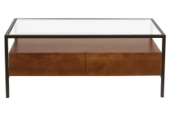 Table basse rectangulaire avec rangements en bois foncé manguier massif, verre et métal noir L100 cm SITA