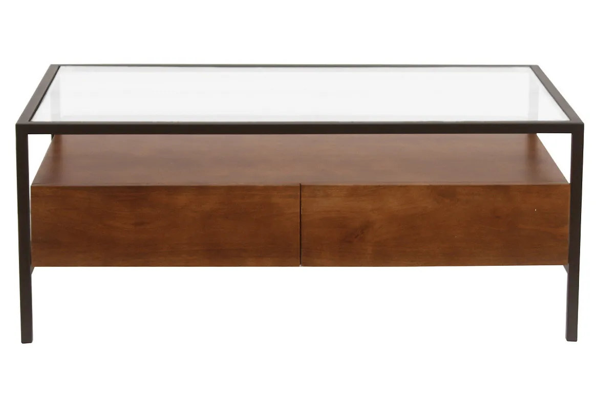 Table basse rectangulaire avec rangements en bois foncé manguier massif, verre et métal noir L100 cm SITA