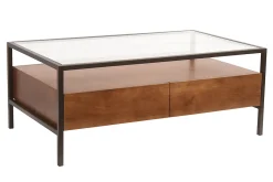 Table basse rectangulaire avec rangements en bois foncé manguier massif, verre et métal noir L100 cm SITA