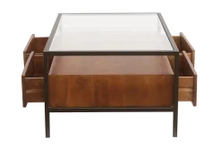 Table basse rectangulaire avec rangements en bois foncé manguier massif, verre et métal noir L100 cm SITA