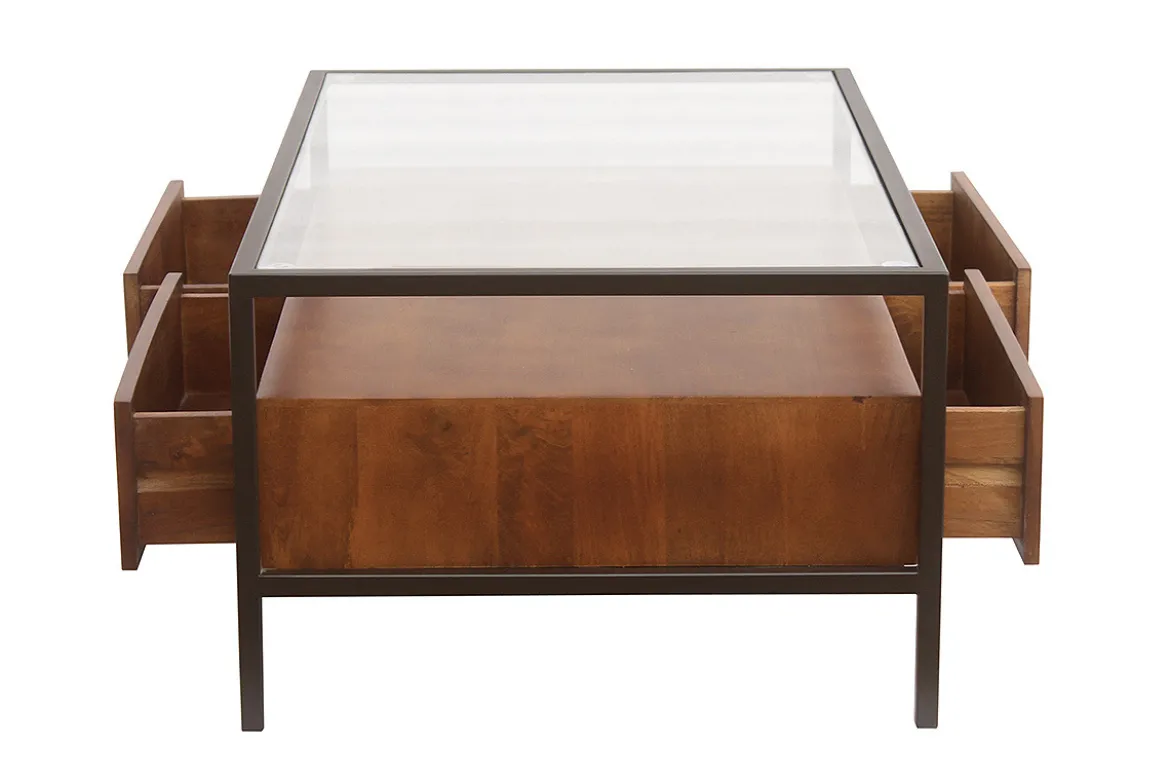Table basse rectangulaire avec rangements en bois foncé manguier massif, verre et métal noir L100 cm SITA