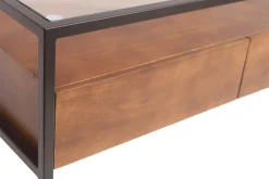 Table basse rectangulaire avec rangements en bois foncé manguier massif, verre et métal noir L100 cm SITA