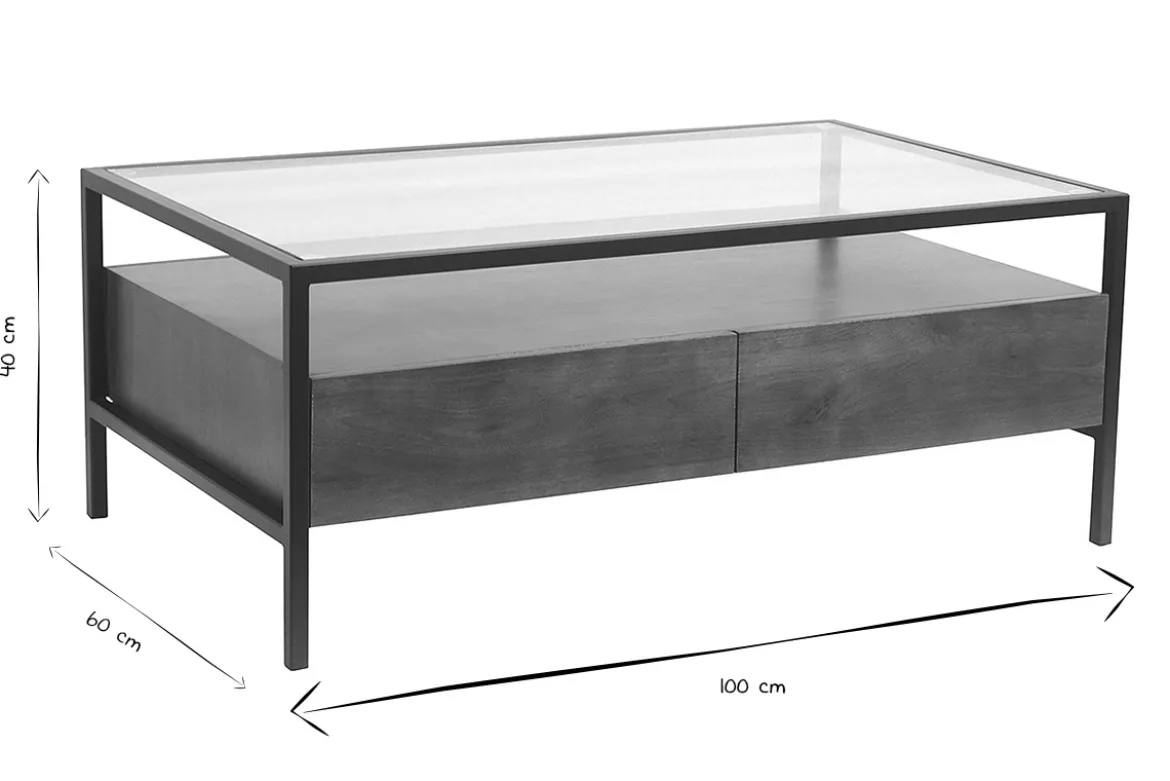 Table basse rectangulaire avec rangements en bois foncé manguier massif, verre et métal noir L100 cm SITA