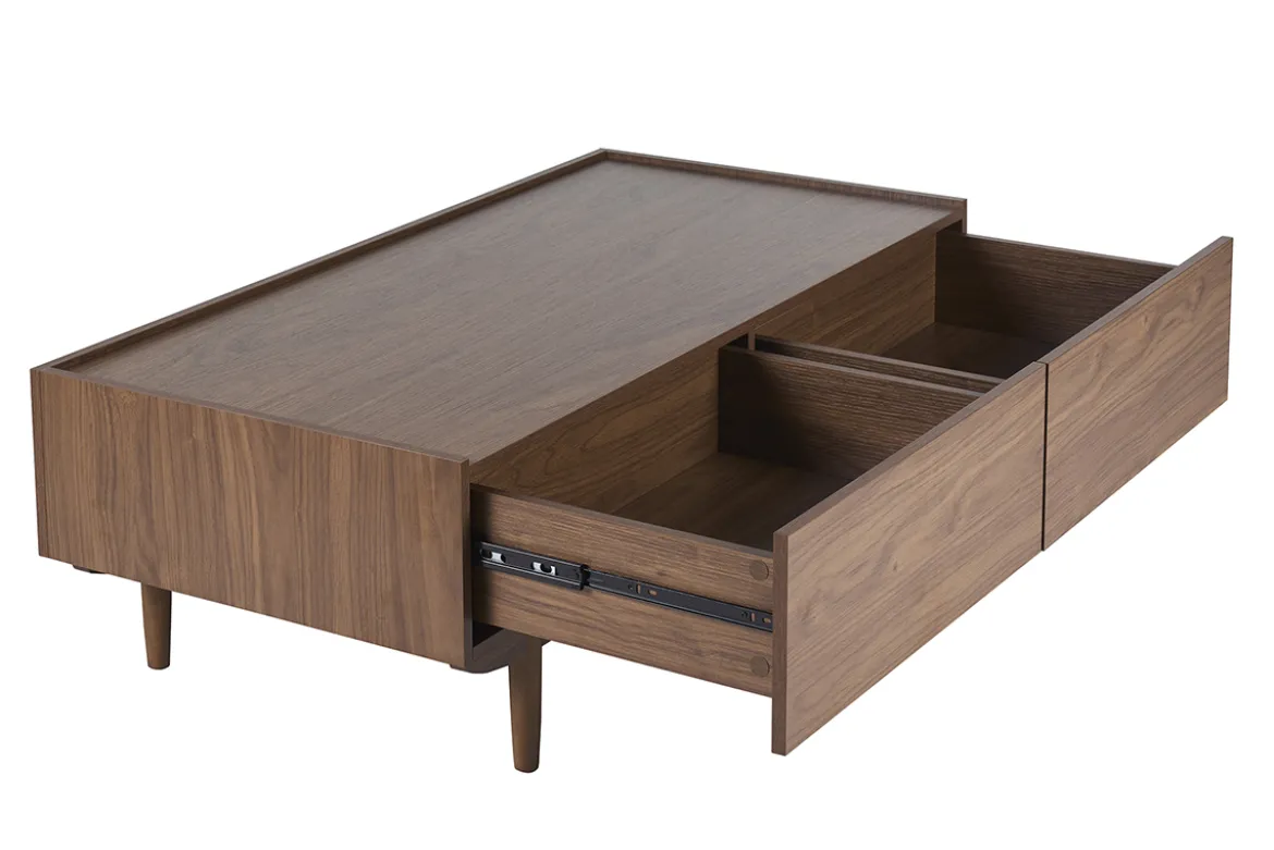Table basse rectangulaire avec rangements 2 tiroirs finition bois foncé noyer L120 cm SANAA