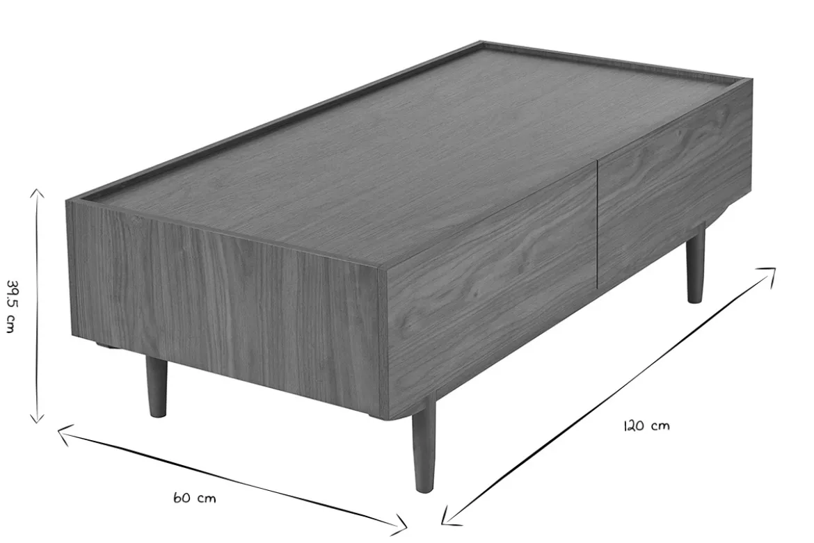 Table basse rectangulaire avec rangements 2 tiroirs finition bois foncé noyer L120 cm SANAA