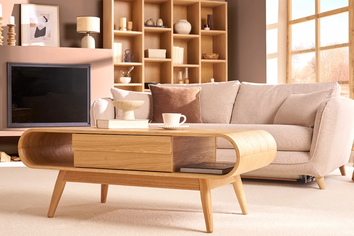 Table basse rectangulaire avec rangements scandinave bois clair L120 cm BALTIK